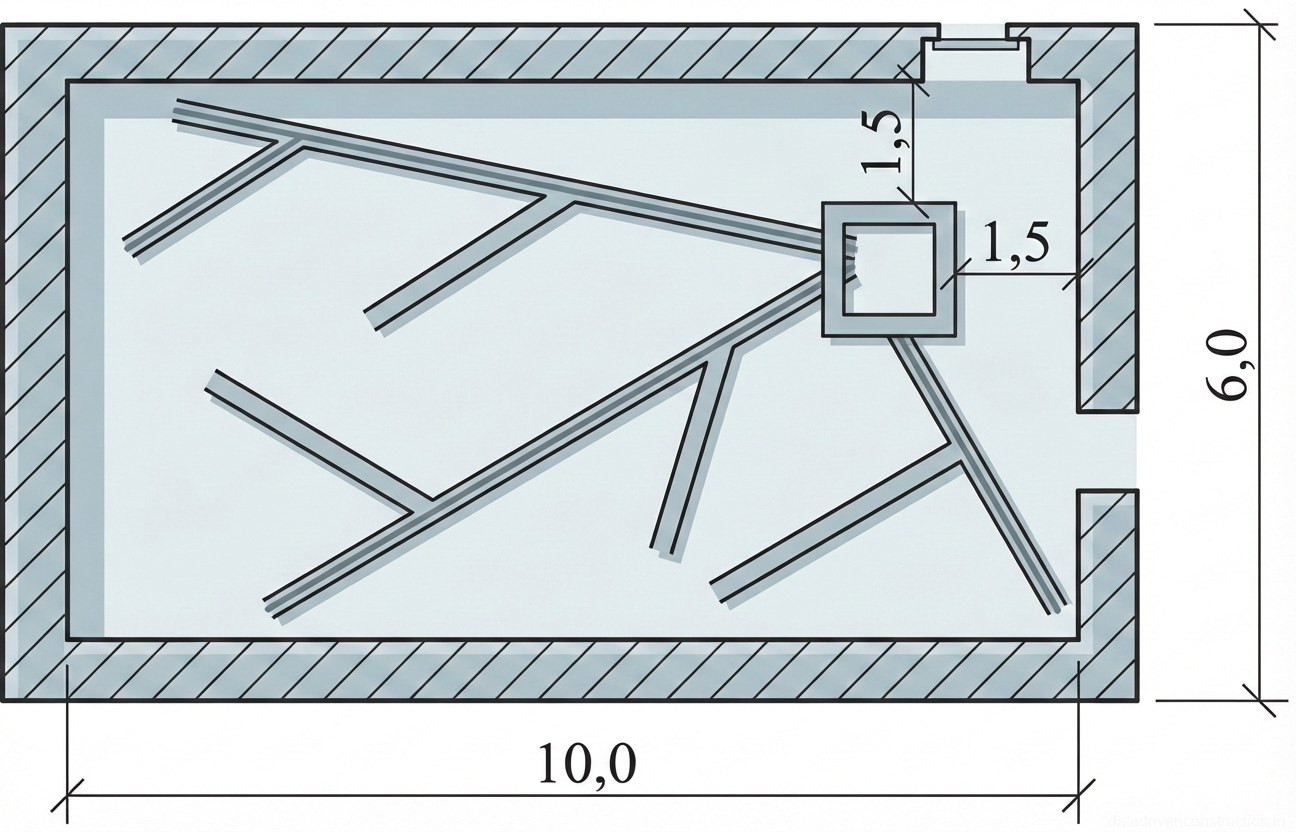 Рис. 2 — Схема плана размещения системы местной вытяжной вентиляции с детализацией трассировки воздуховодов и установки оборудования.