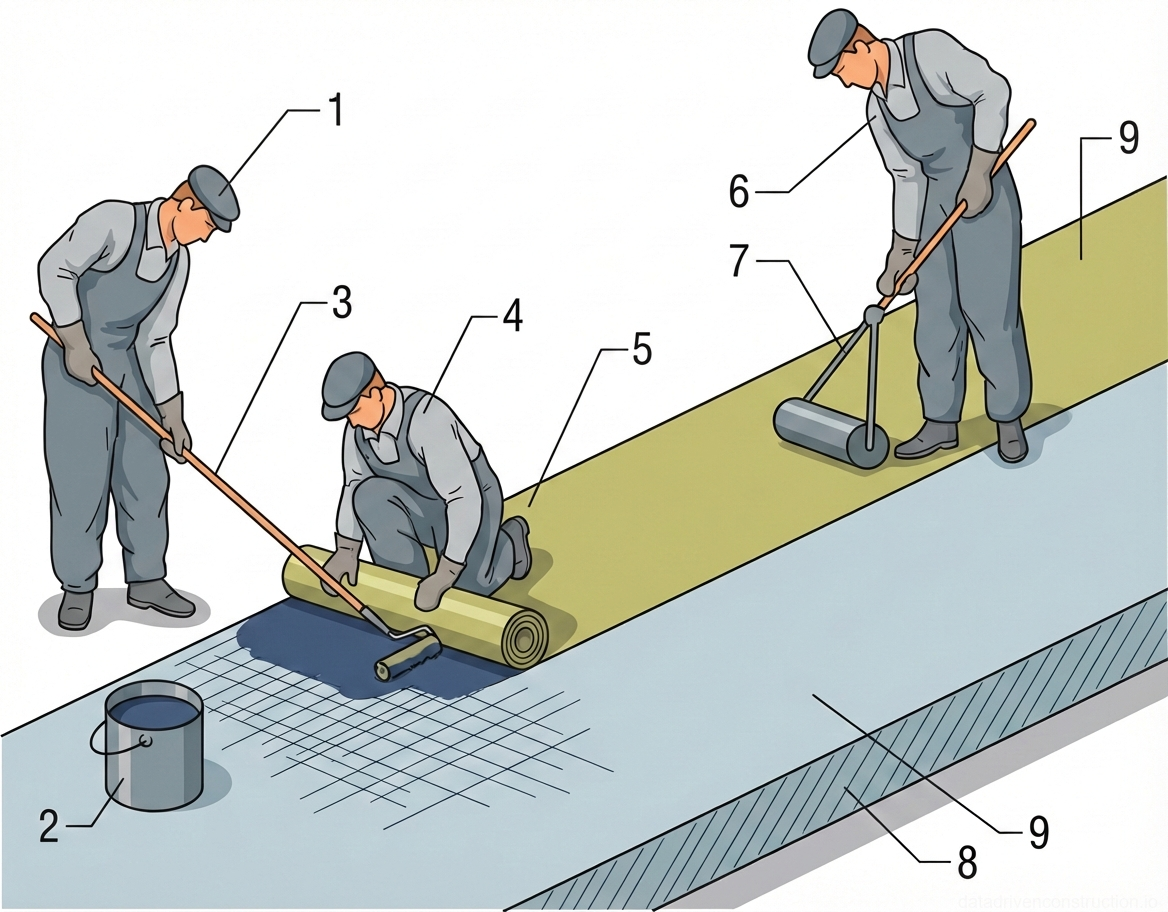 Рис. 3 — Последовательность монтажа рулонной битумной гидроизоляции на бетонное несущее основание.