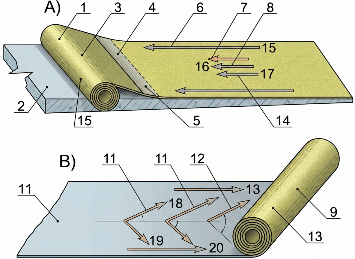 Рис. 4 — Способы раскатки и приклейки рулонных кровельных и гидроизоляционных материалов: а) однонаправленная параллельная раскатка; б) раскатка «елочкой» под углом от центральной оси.