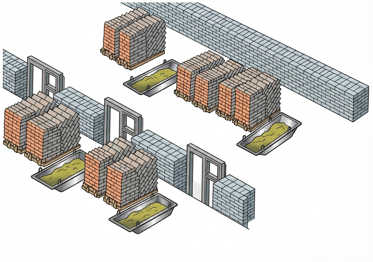 Fig. 1 — Layout and organization of a mason's workplace for solid and complex brick wall construction