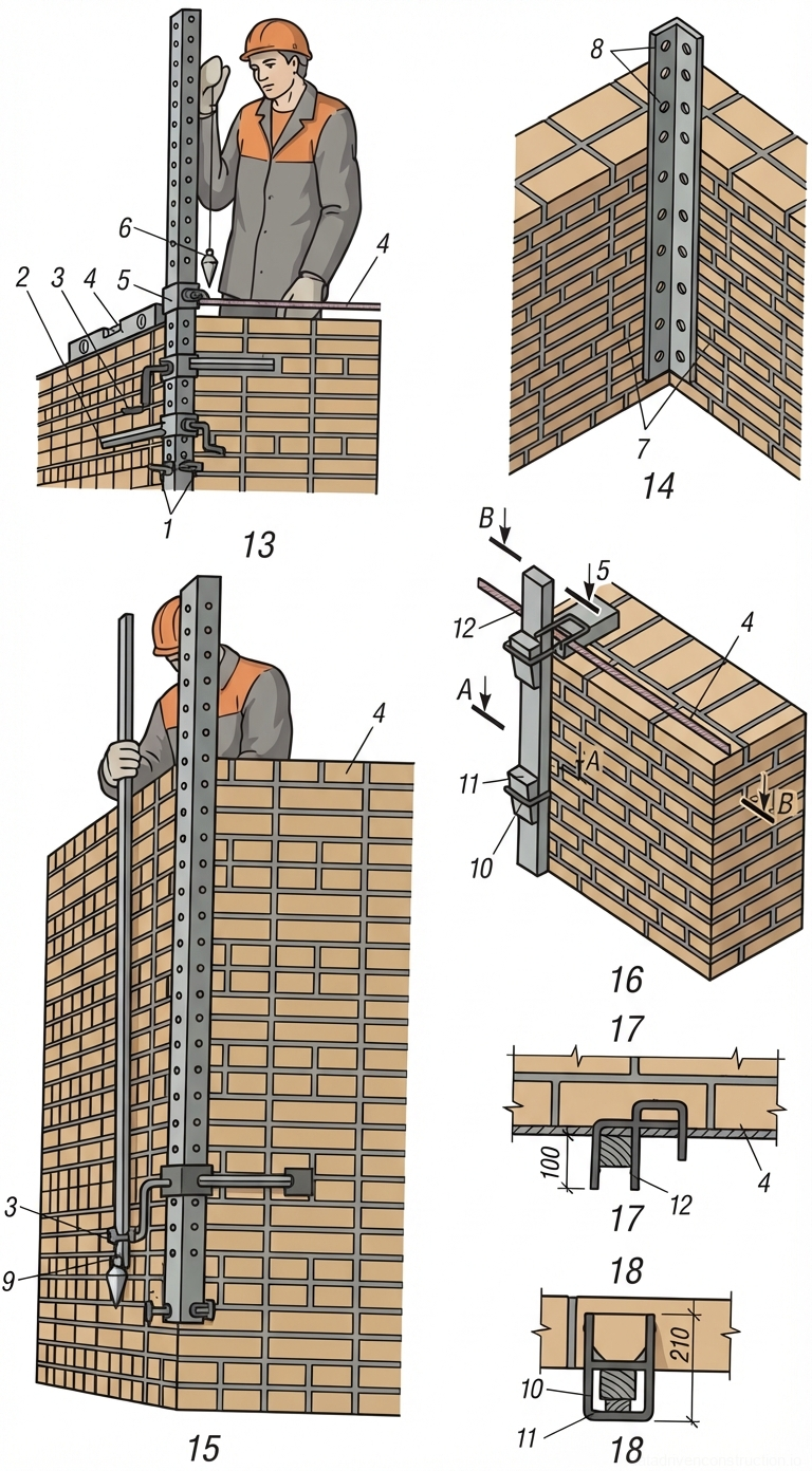Fig. 1 — Installation and alignment of story poles (profiles) for brick masonry construction
