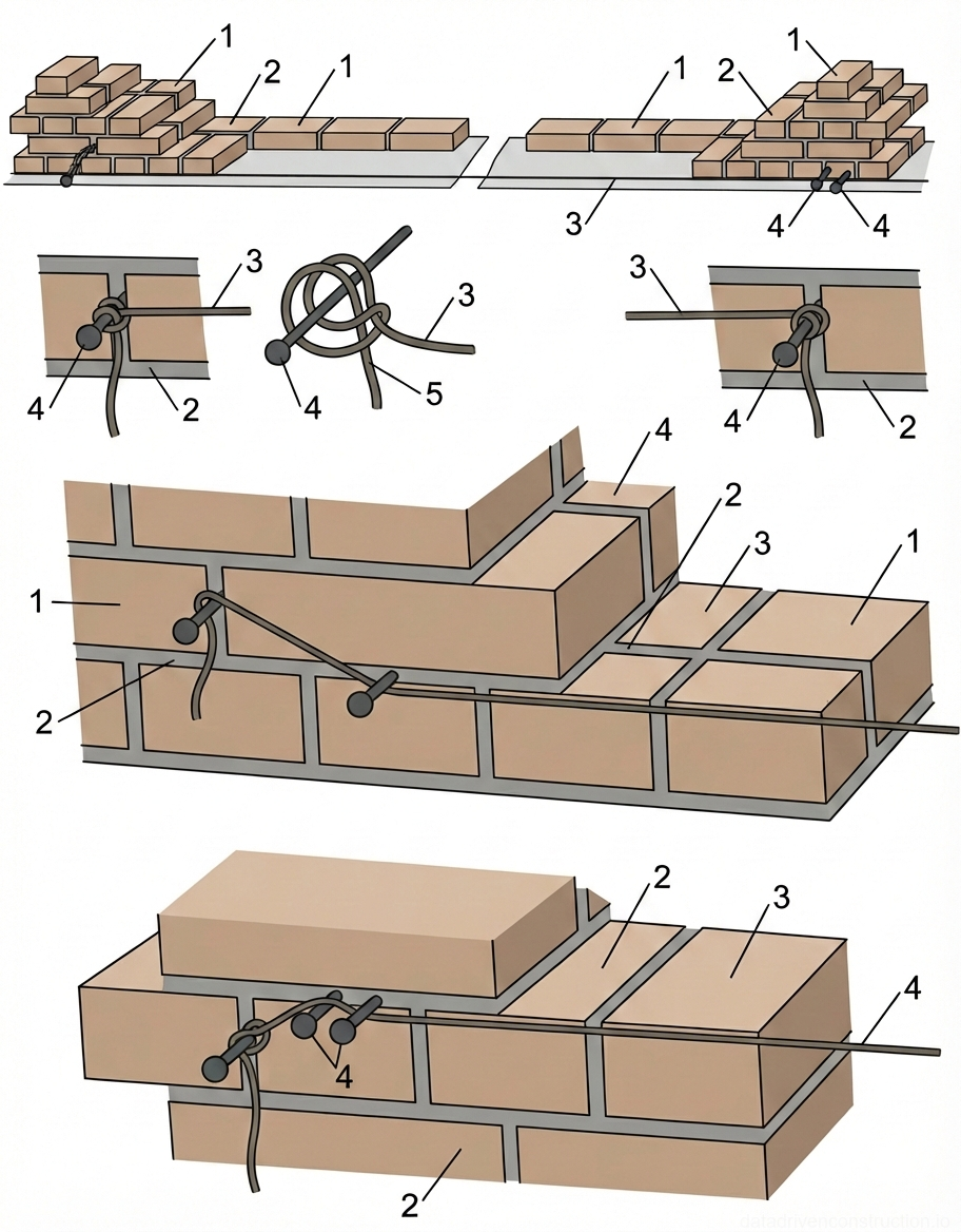 Fig. 1 — Installation and securing of a mason's line for brickwork alignment