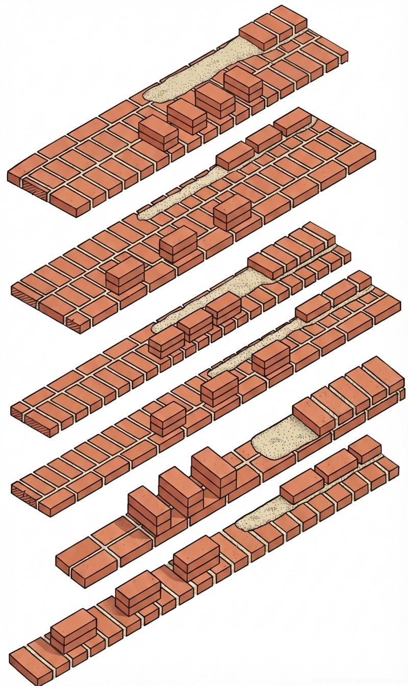 Fig. 1 — Sequence of bricklaying using the 'press' method for header and stretcher courses in solid masonry walls