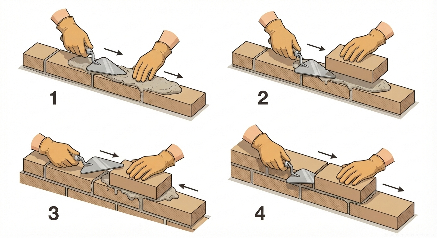 Fig. 1 — Sequential stages of the trowel-press bricklaying technique for solid masonry construction
