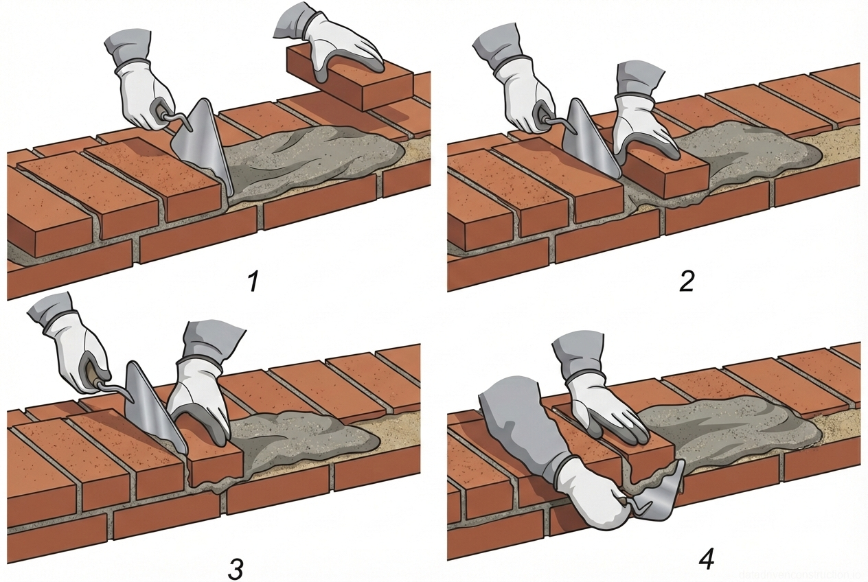Fig. 1 — Sequential process of laying bricks with mortar application and joint finishing
