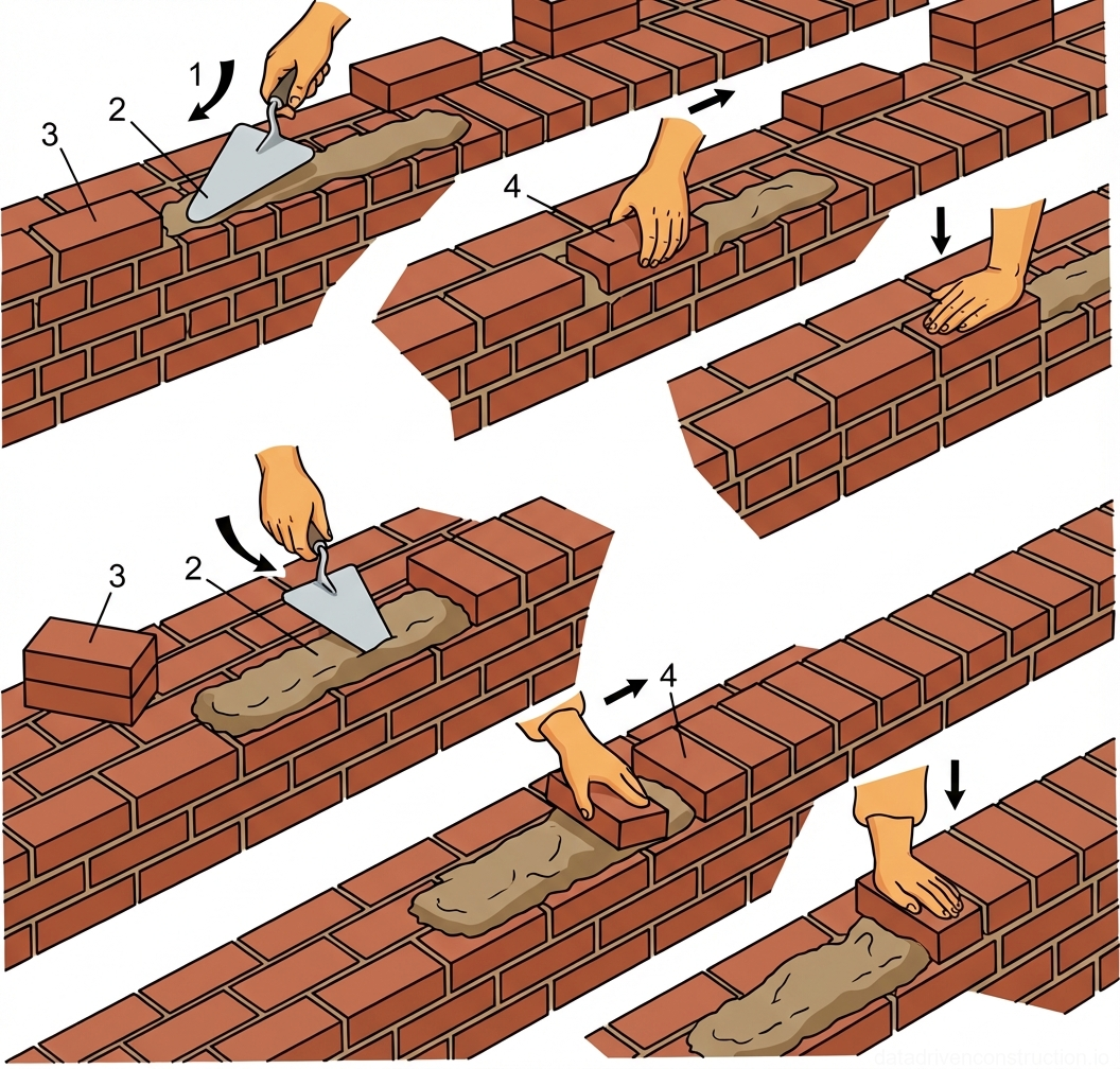 Fig. 1 — Sequence of bricklaying using the 'press' method: a) stretcher course, b) header course