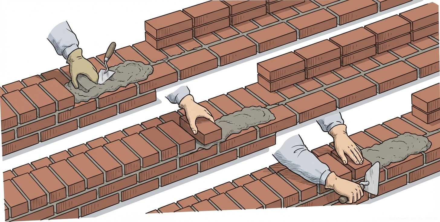 Fig. 1 — Sequential stages of bricklaying using the 'press' (vprizhim) method for solid brick masonry