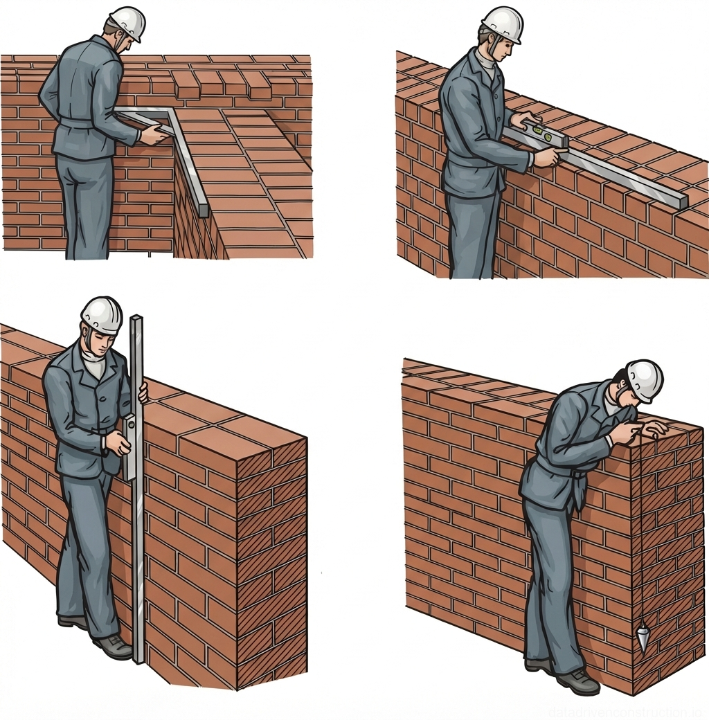 Fig. 1 — Quality control methods for masonry construction: checking corner squareness, horizontal alignment, surface verticality, and corner plumbness