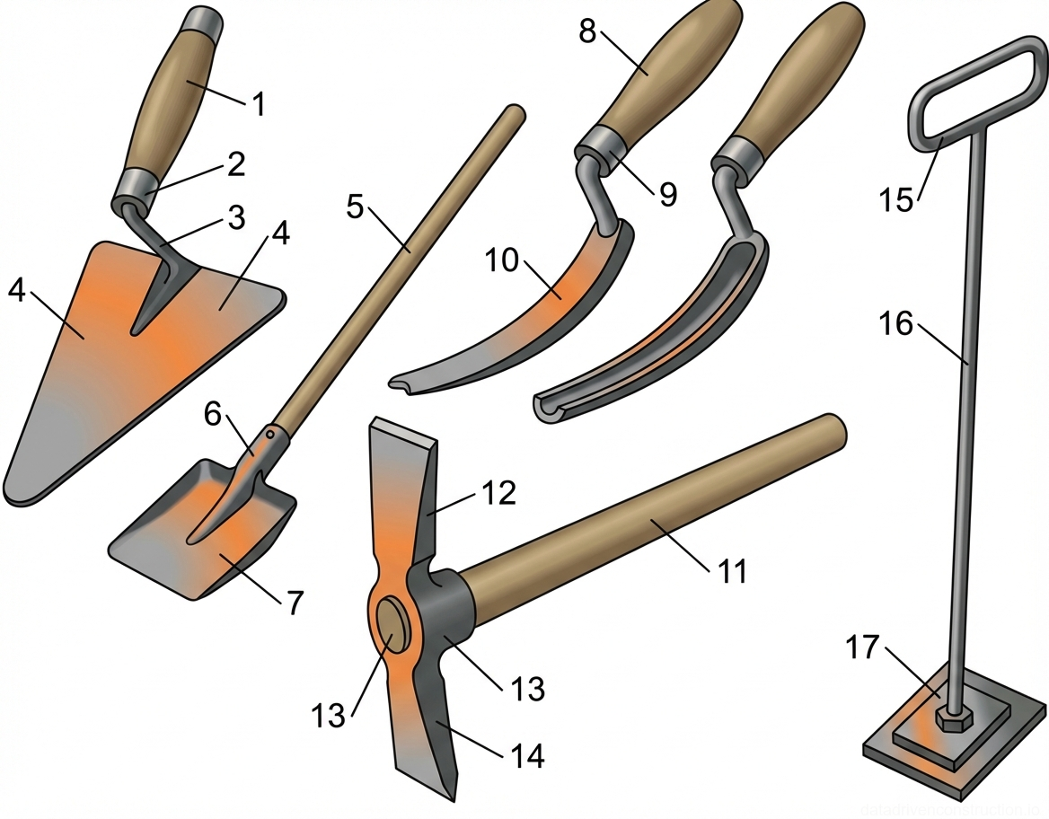 Fig. 1 — Essential hand tools for masonry and concrete construction: trowel, mortar shovel, jointers, bricklayer's hammer, and hand tamper