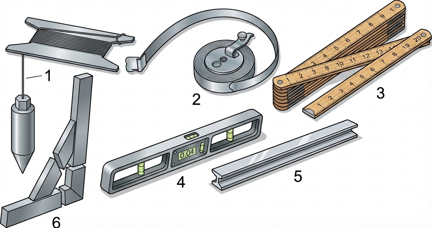 Fig. 1 — Standard set of manual measuring, layout, and leveling instruments for construction and masonry work