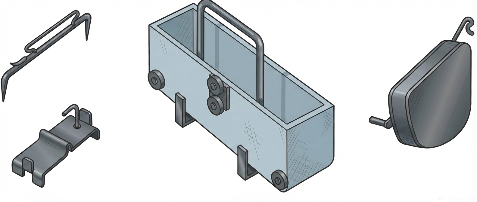 Fig. 1 — Material handling equipment detailing a guided mortar transport carriage and a suspended auxiliary bucket