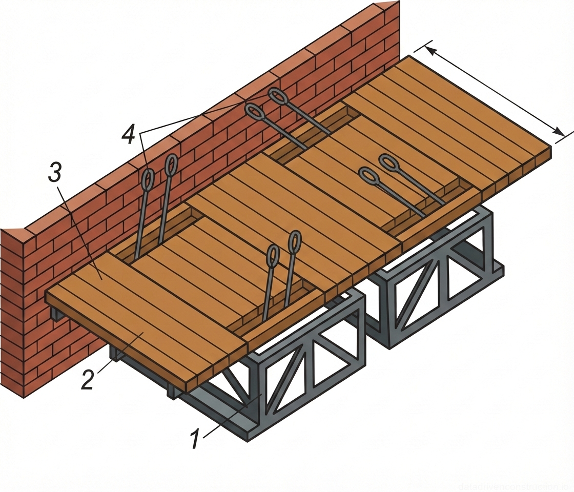 Fig. 1 — Isometric view of a hinged scaffold system for bricklaying