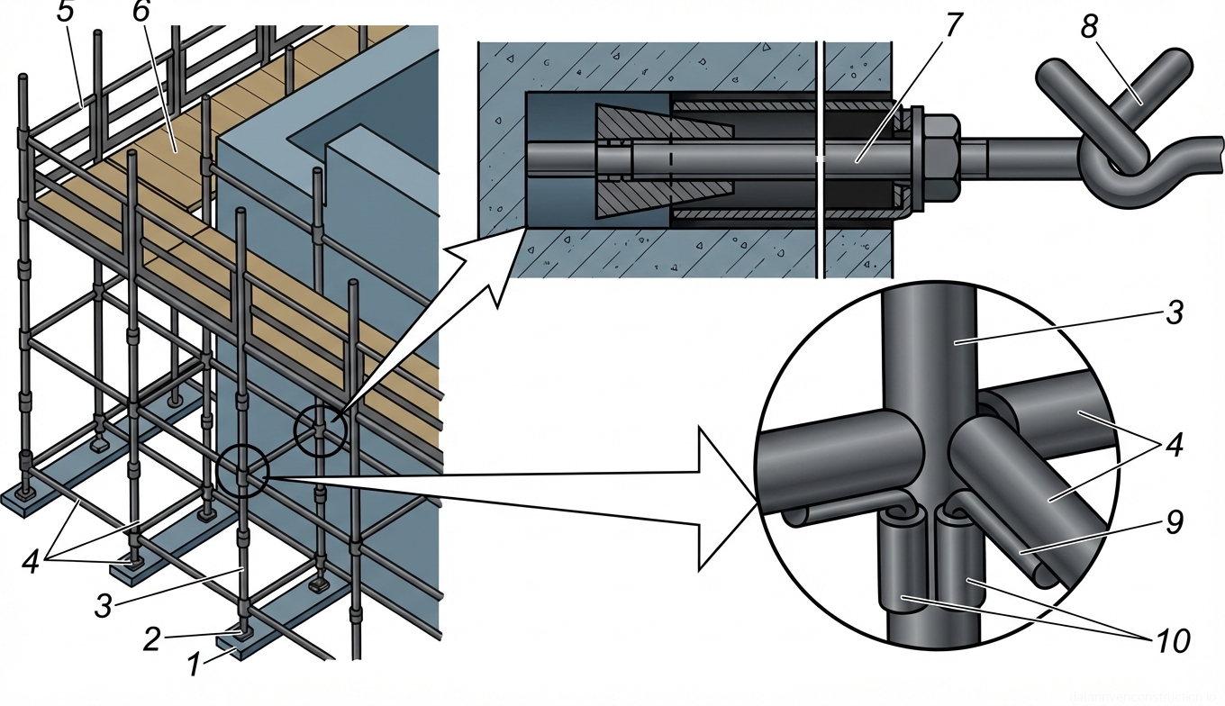 Fig. 1 — Tubular steel scaffolding system with detailed views of node connections and wall anchorage mechanism