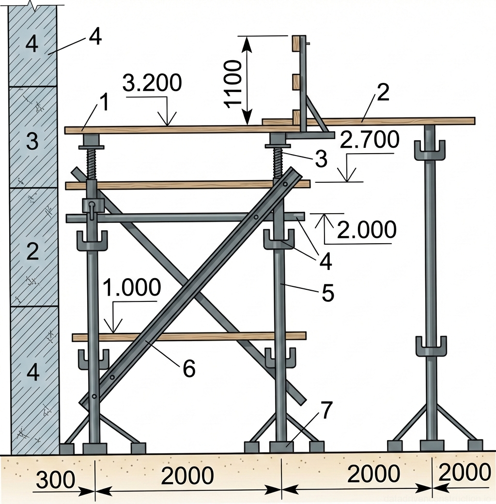Fig. 1 — Cross-section of a modular scaffold system detailing structural components, working platforms, and safety features