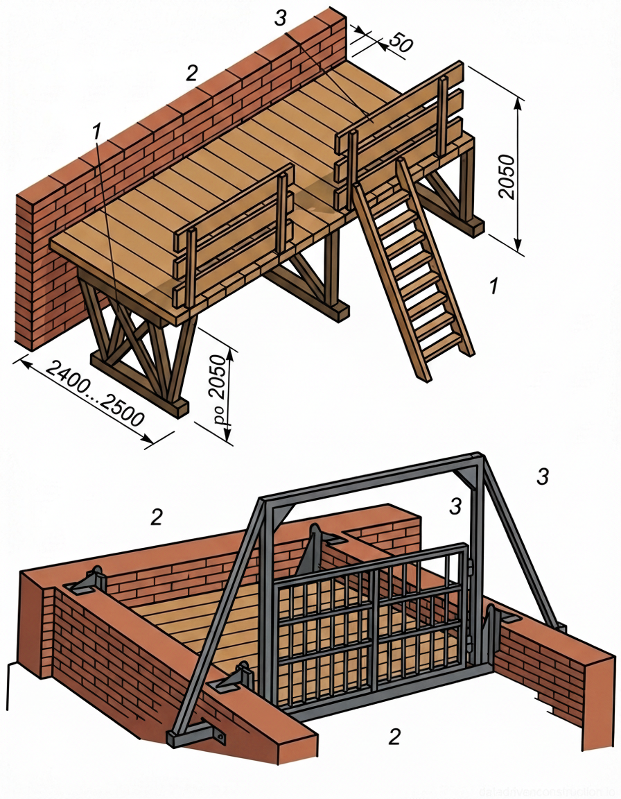 Fig. 1 — Protective scaffolding and safety platforms for construction works