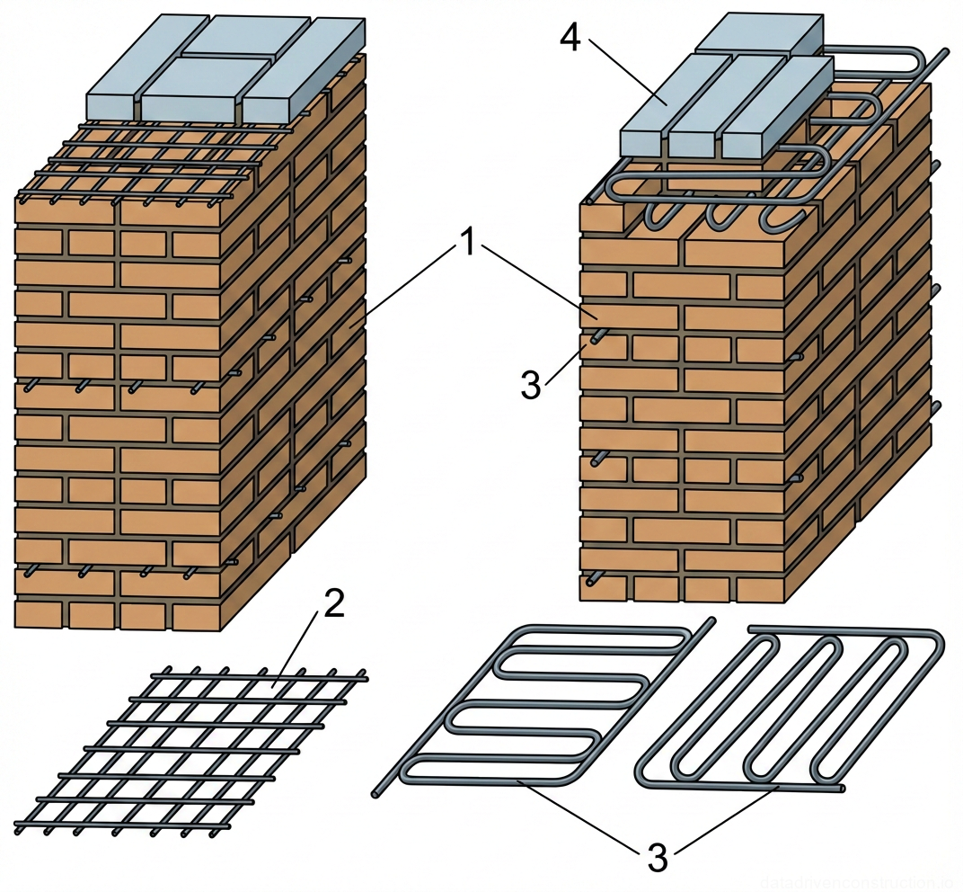 Fig. 1 — Horizontal reinforcement methods for brick masonry walls using rectangular wire mesh and continuous zigzag wire