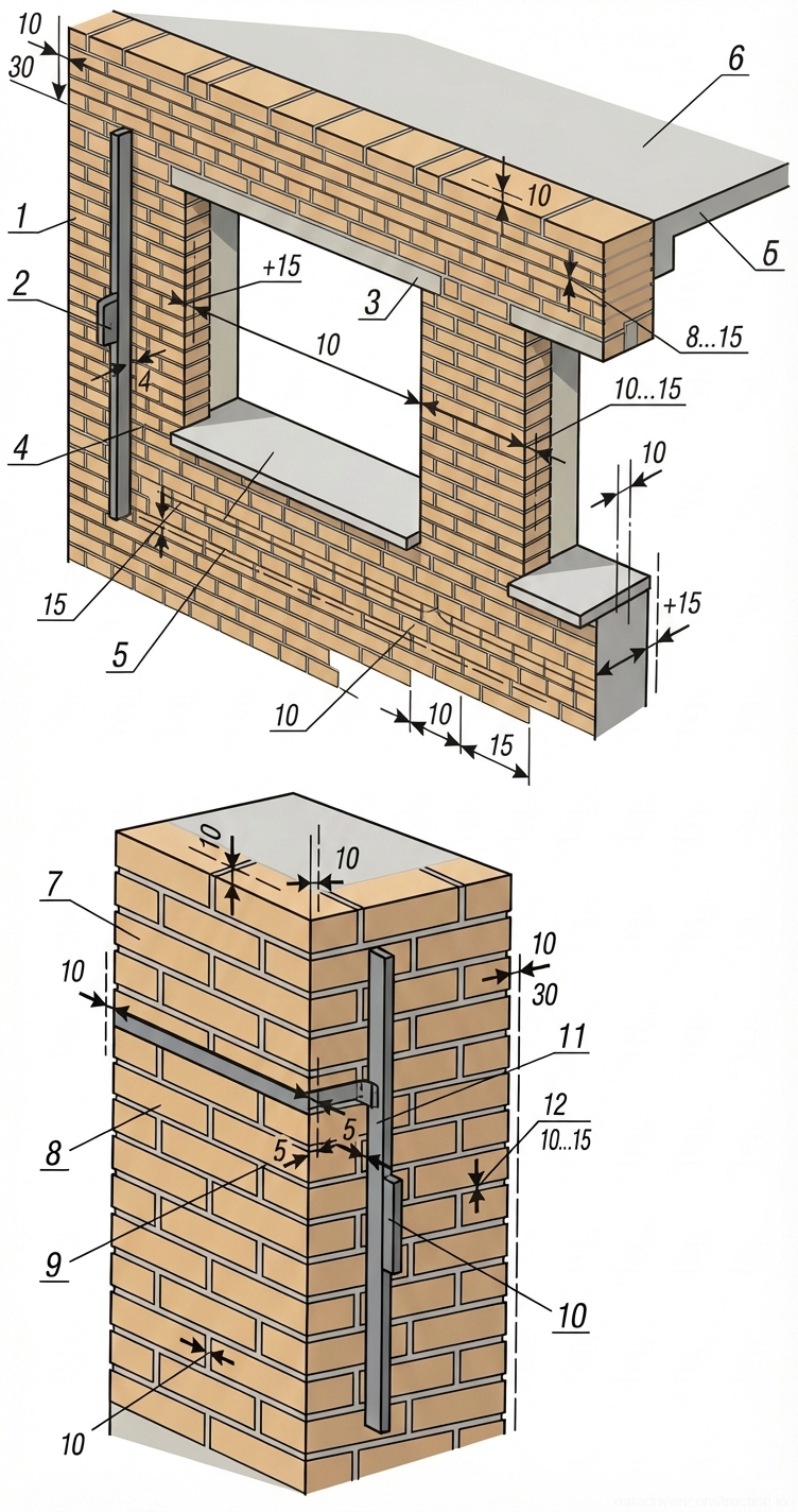 Fig. 1 — Permissible deviations and dimensional tolerances in brick masonry construction for walls, openings, and pillars