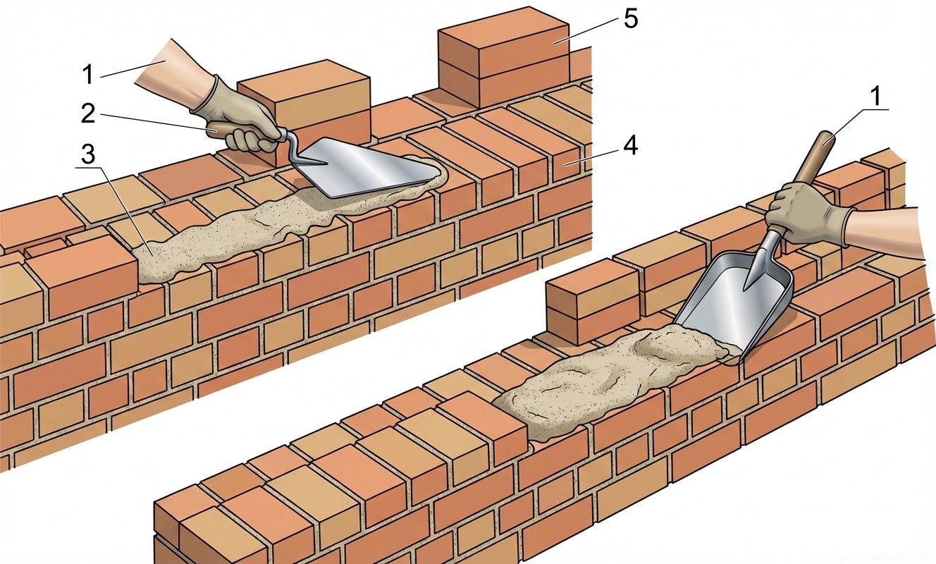 Fig. 1 — Techniques for spreading mortar on brick masonry walls using a trowel and a shovel
