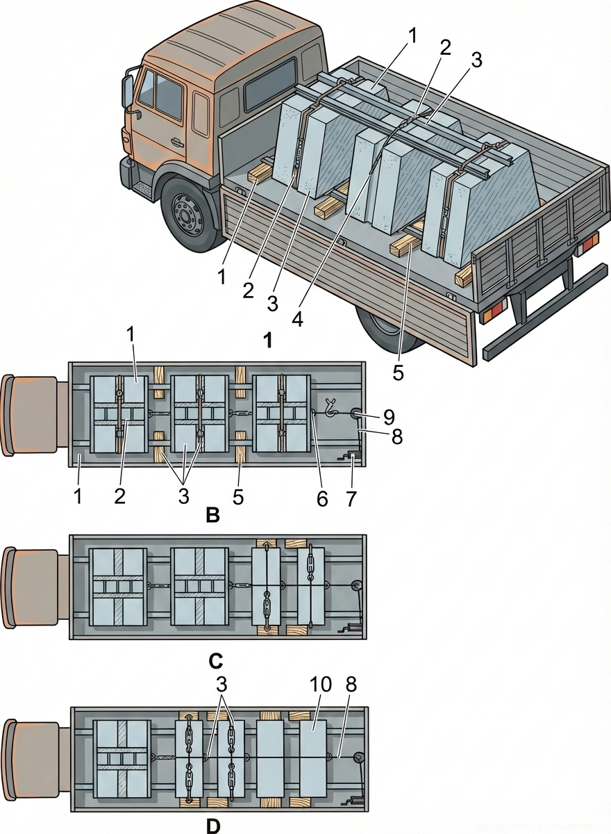 Fig. 1 — Method of securing large-panel construction materials on a flatbed vehicle using a longitudinal tensioning system