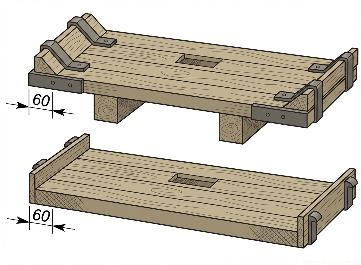 Fig. 1 — Design variants of wooden mortar boards (pallets) for masonry work, showing raised and flat base configurations with end constraints.