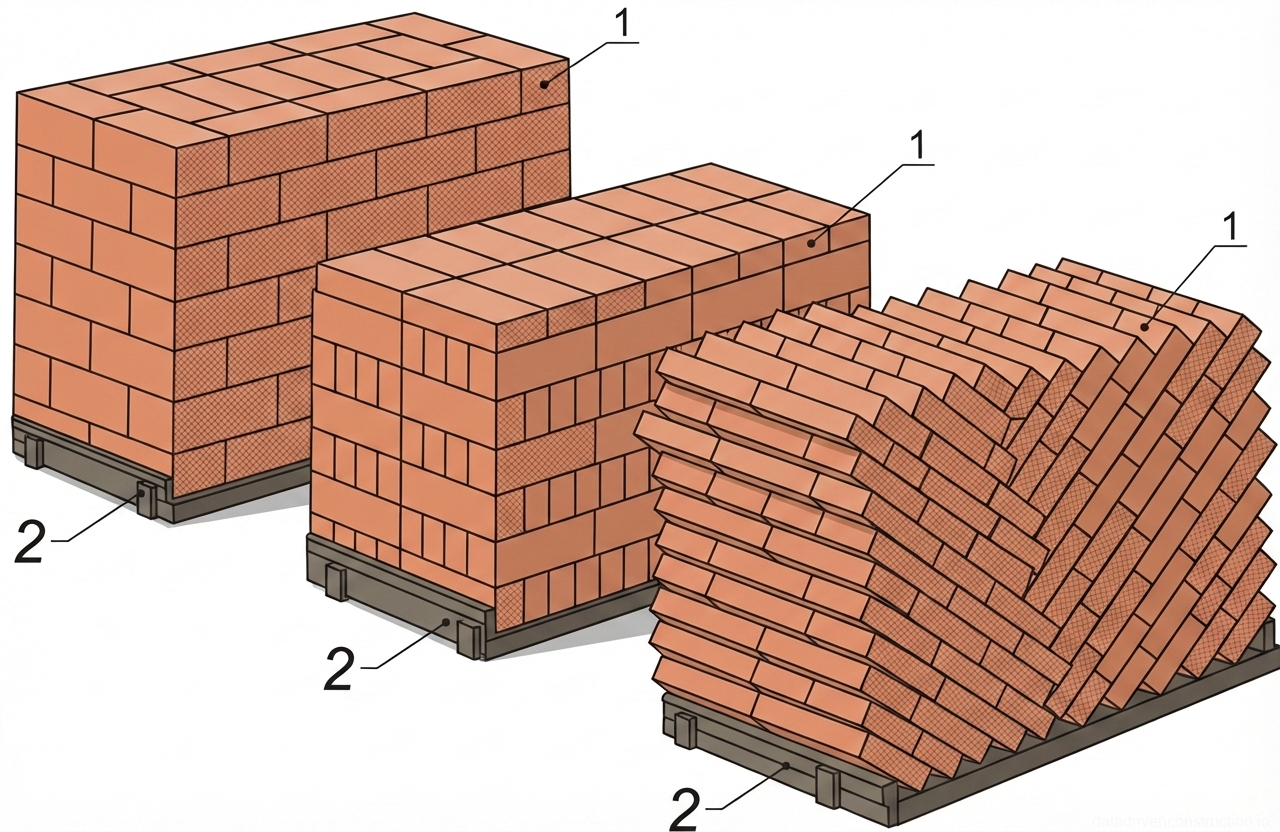 Fig. 1 — Standard methods of palletizing solid clay bricks for construction site logistics: a) cross-stacked, b) parallel-stacked, and c) herringbone-stacked configurations