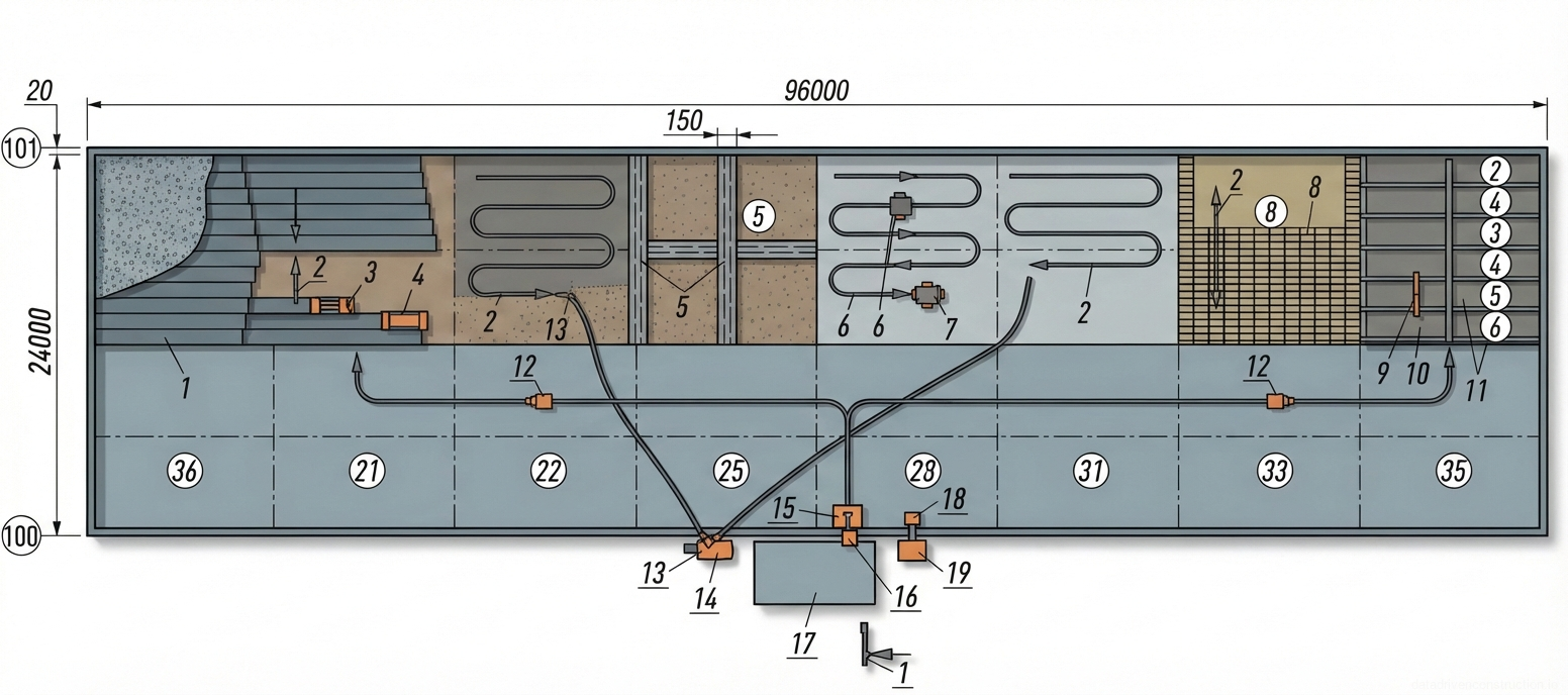 Fig. 1 — Comprehensive technological scheme for the sequential construction of a multi-layer flat roof, detailing work zones, material application stages, and equipment positioning.