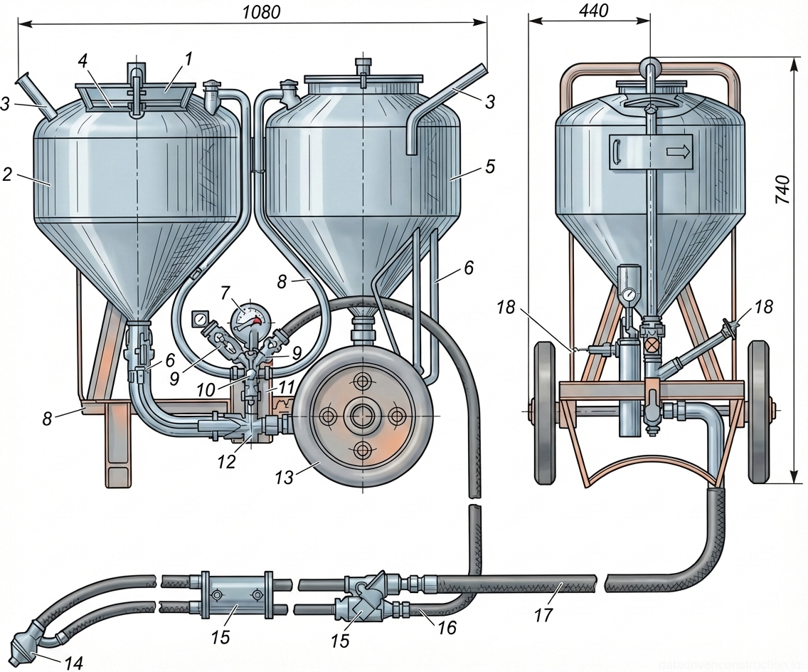 Fig. 1 — General arrangement of a dual-chamber pneumatic mortar pump with delivery line and nozzle assembly