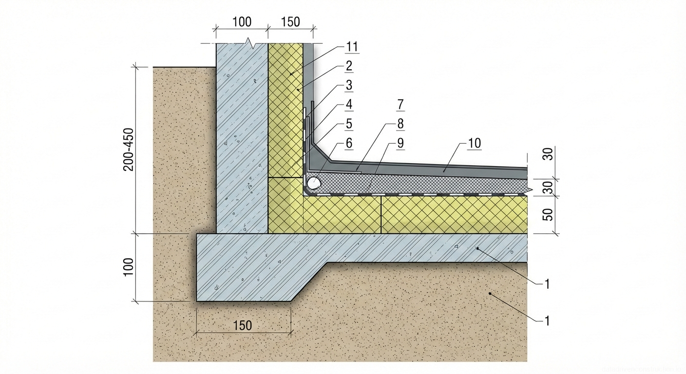 Fig. 1 — Cross-sectional detail of a flat roof to parapet junction, showing structural, insulation, and waterproofing layers