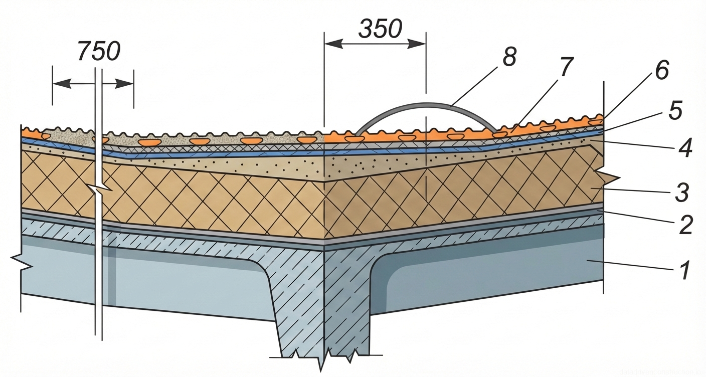 Fig. 1 — Cross-section of a multi-layer insulated flat roof assembly on a precast reinforced concrete ribbed deck
