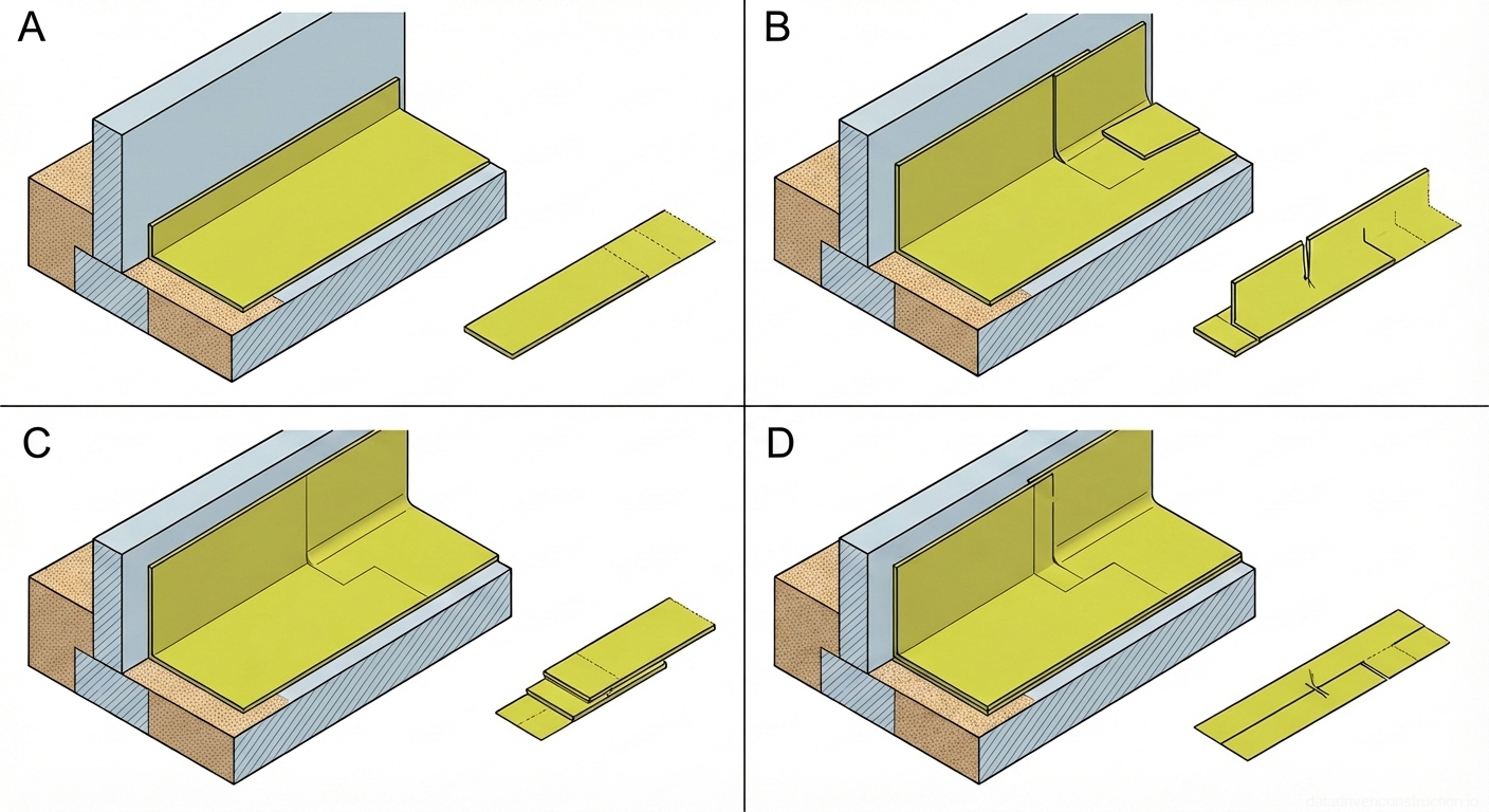 Fig. 1 — Sequence of corner waterproofing installation showing membrane cutting, folding, and overlapping techniques at wall-floor junctions