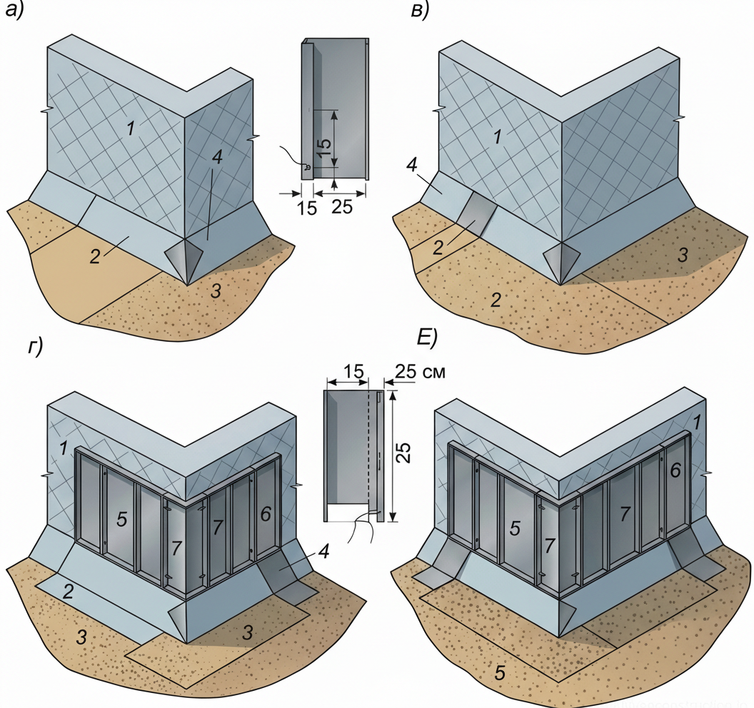 Fig. 1 — Sequential stages for waterproofing an external protruding structural corner, detailing the application of corner reinforcements and overlapping base layers.