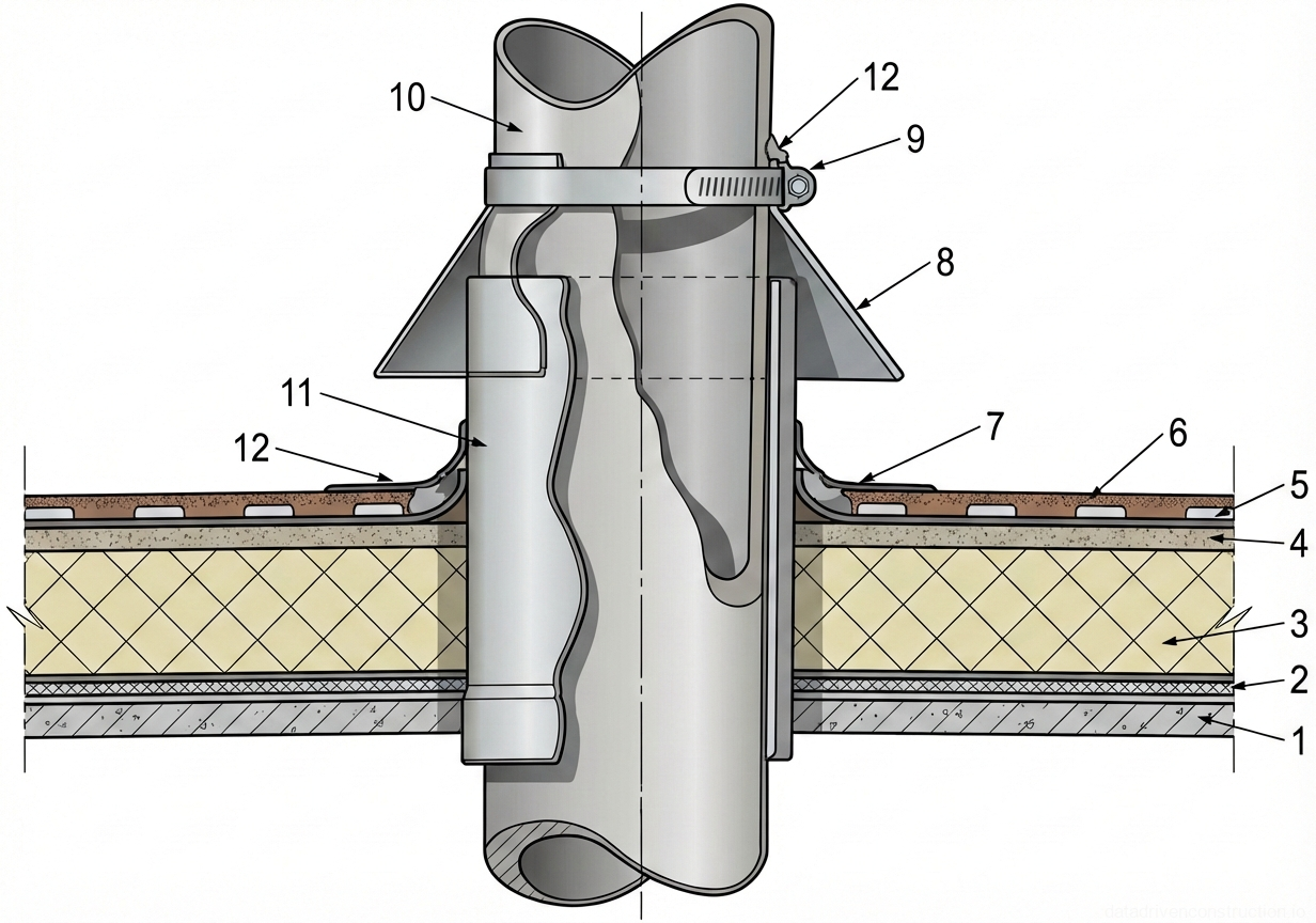 Fig. 1 — Cross-sectional detail of a vertical pipe penetration through an insulated flat roof, showing sealing and flashing components.