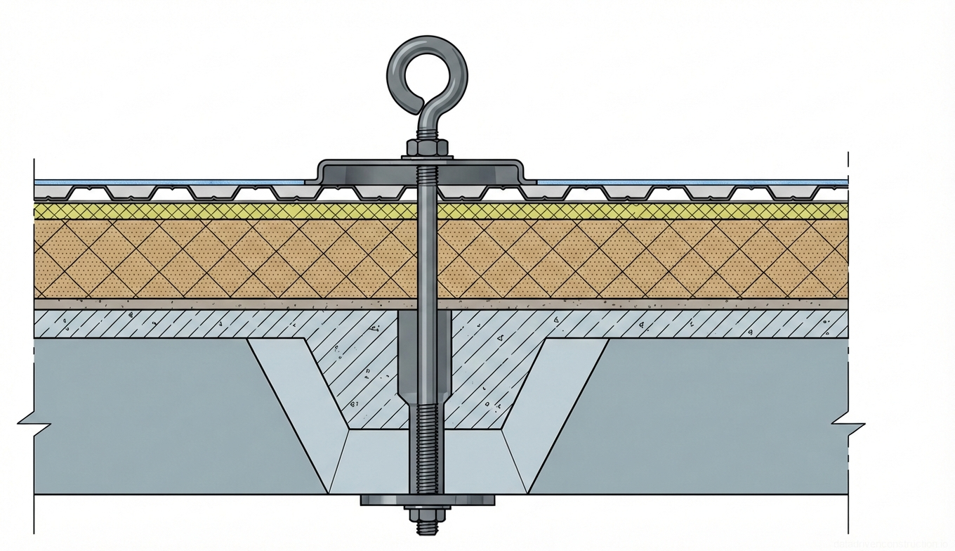 Fig. 1 — Cross-section of an insulated flat roof assembly with mechanical anchoring system on a ribbed reinforced concrete slab