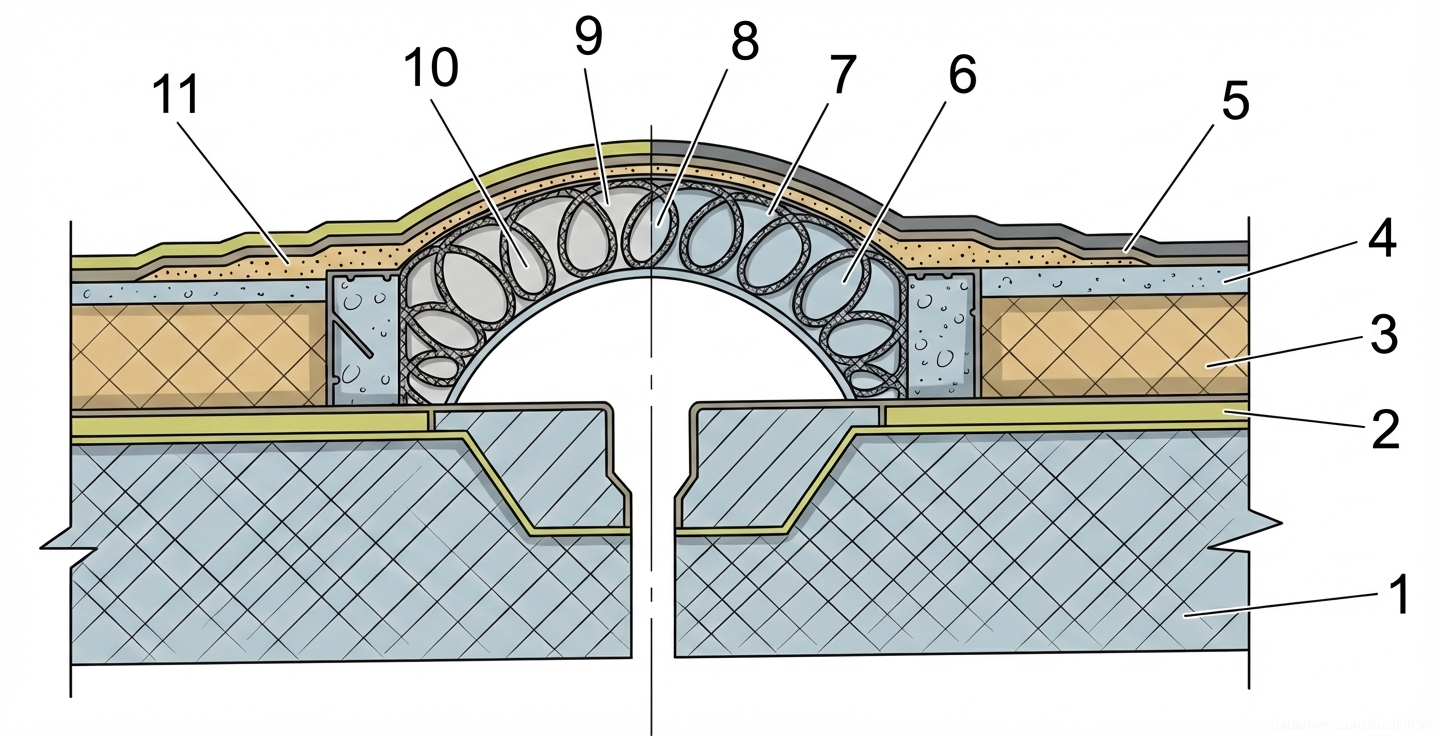 Fig. 1 — Cross-section detailing an expansion joint in a structural assembly, featuring an arched flexible profile, insulation layers, and multi-ply waterproofing.