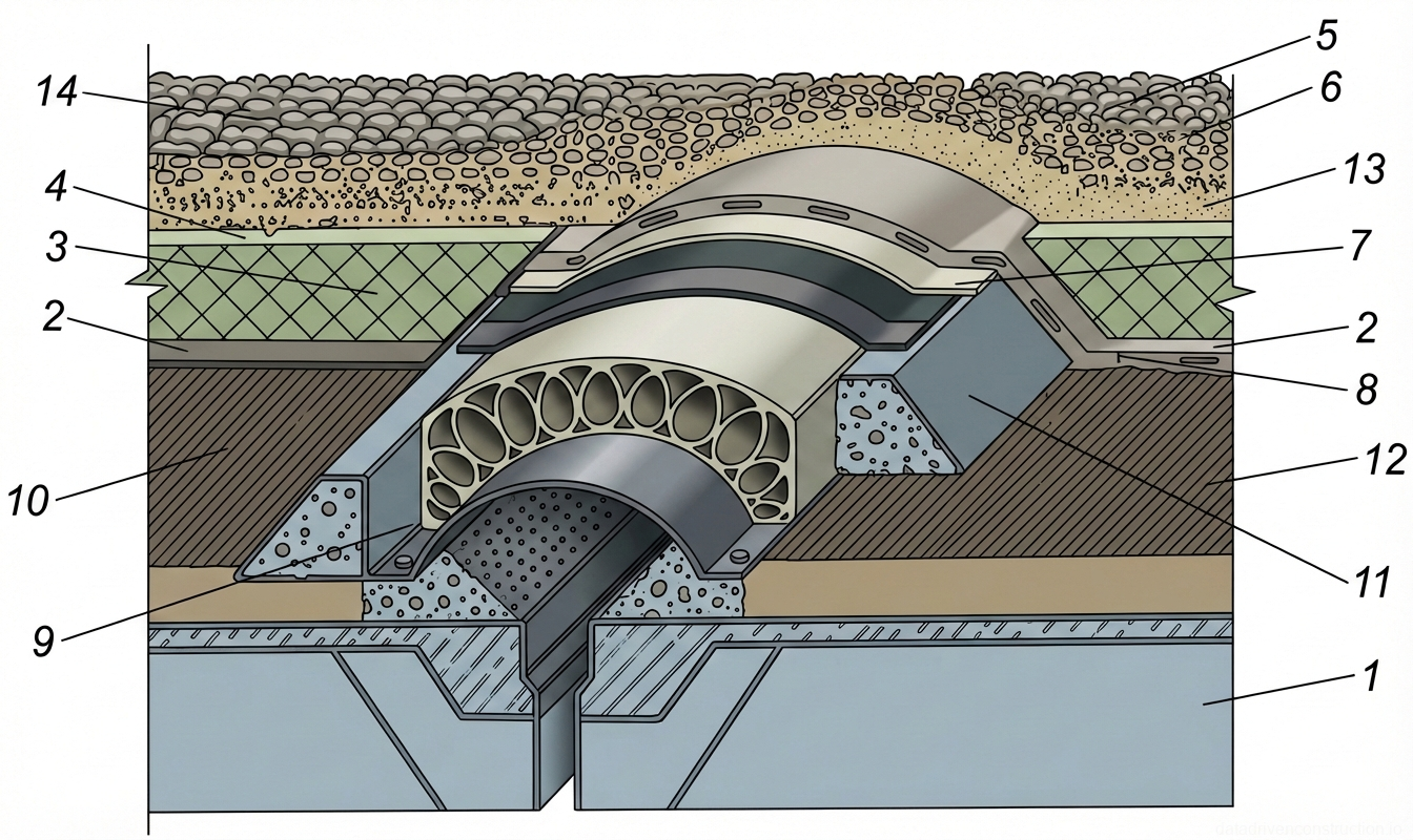 Fig. 1 — Cross-section of a structural expansion joint assembly in a multi-layered roof or deck system