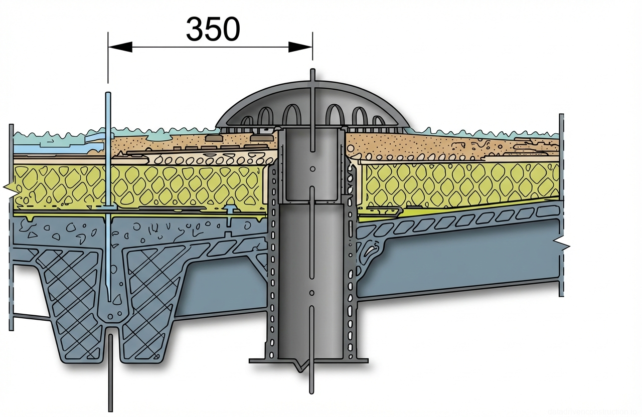 Fig. 1 — Cross-section detail of an inverted roof system with a central drainage assembly