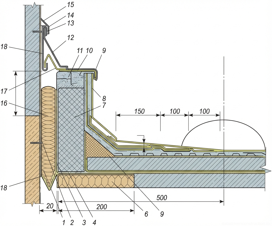 Fig. 1 — Cross-section detail of an insulated flat roof upstand, expansion joint, and roof drain at an exterior concrete wall