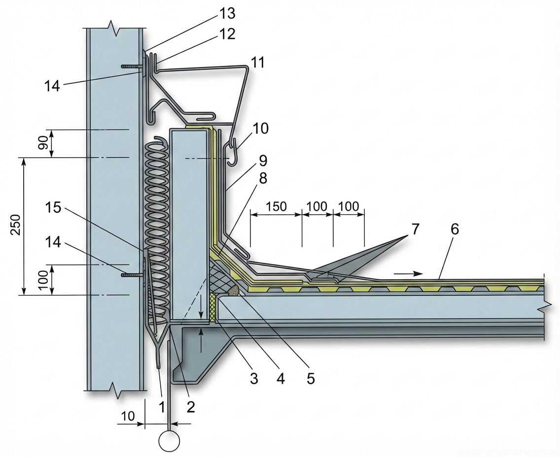 Fig. 1 — Detail of flat roof junction with vertical wall structure, showing multi-layered waterproofing, insulation, and flashing systems.