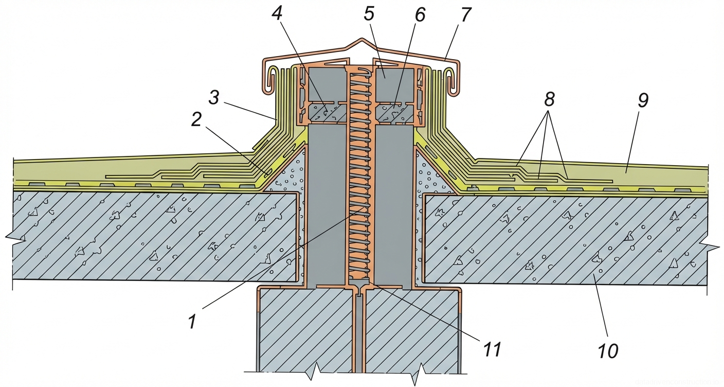 Fig. 1 — Cross-section of a roof expansion joint showing waterproofing layers, compressible insulation, and protective metal capping