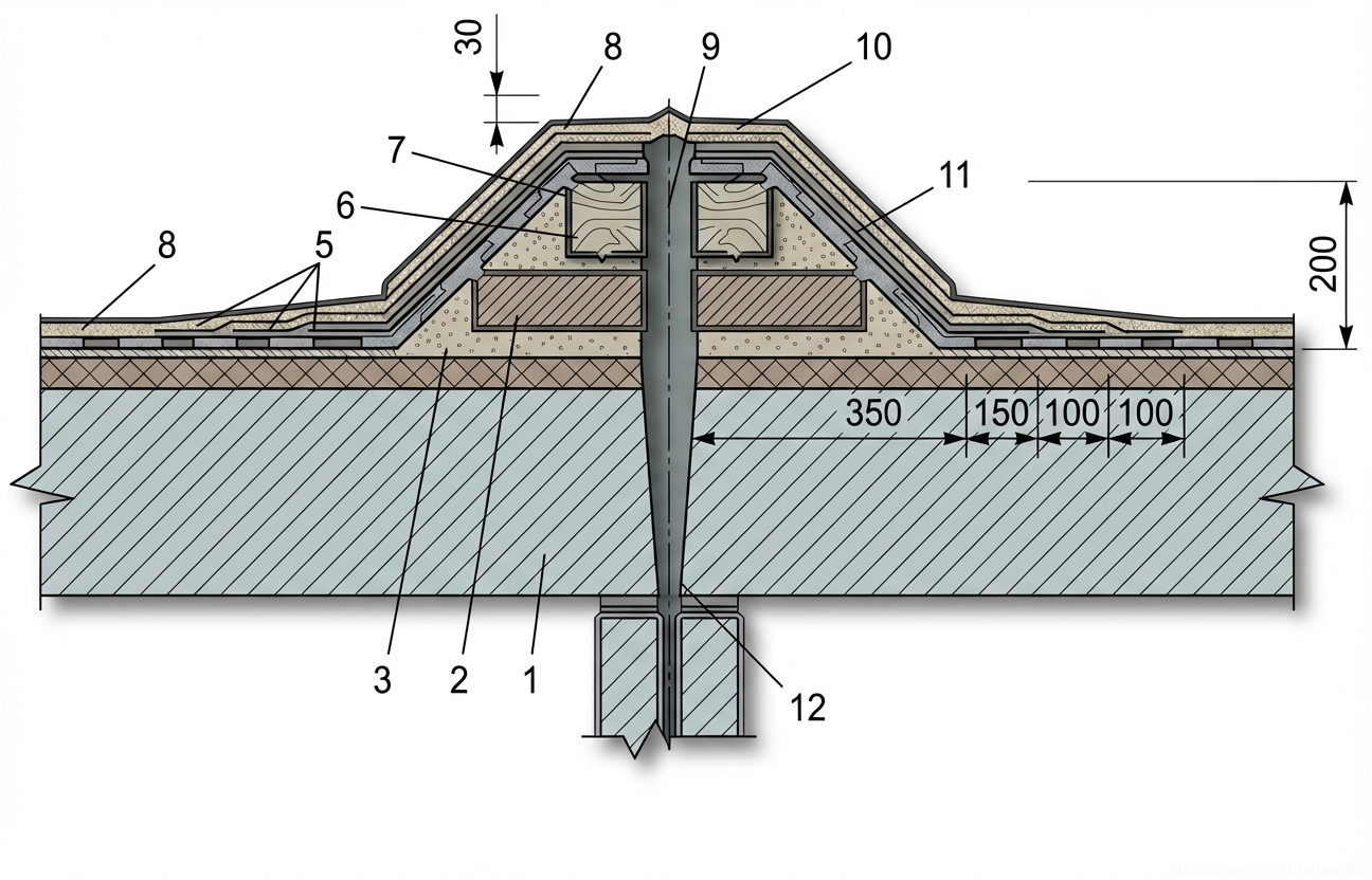Fig. 1 — Detail of a structural expansion joint in a concrete roof deck with raised waterproofing and insulation curbs.