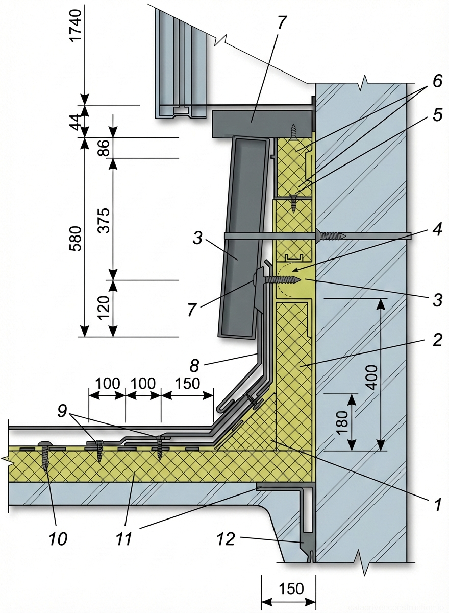 Fig. 1 — Architectural cross-section detail of a window sill connection, illustrating thermal insulation, waterproofing, and structural fastening assemblies.
