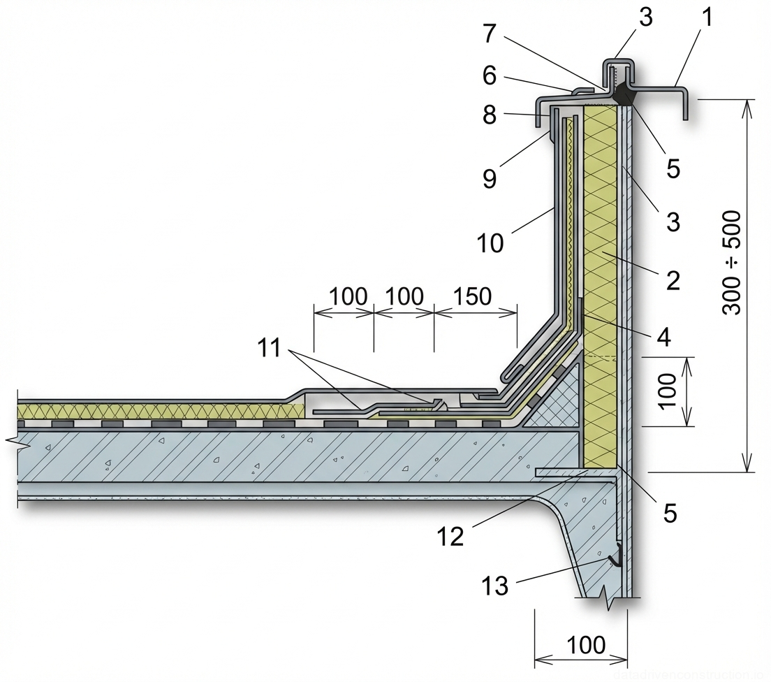 Fig. 1 — Cross-section detail of a flat roof to parapet junction, showing multi-layered waterproofing membranes, thermal insulation, and metal flashing terminations.