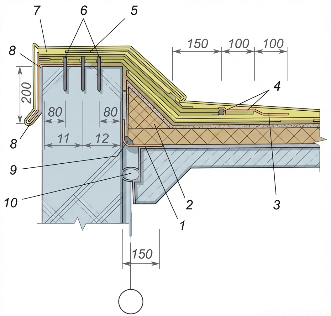 Fig. 1 — Architectural cross-section detail of a flat roof parapet joint showing waterproofing membrane termination, insulation, and metal coping flashing