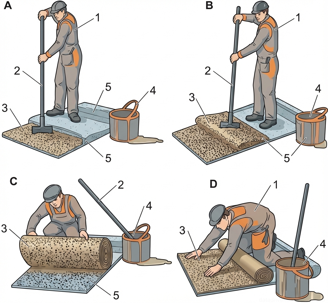 Fig. 1 — Sequential process of laying floor covering on a mastic or adhesive base