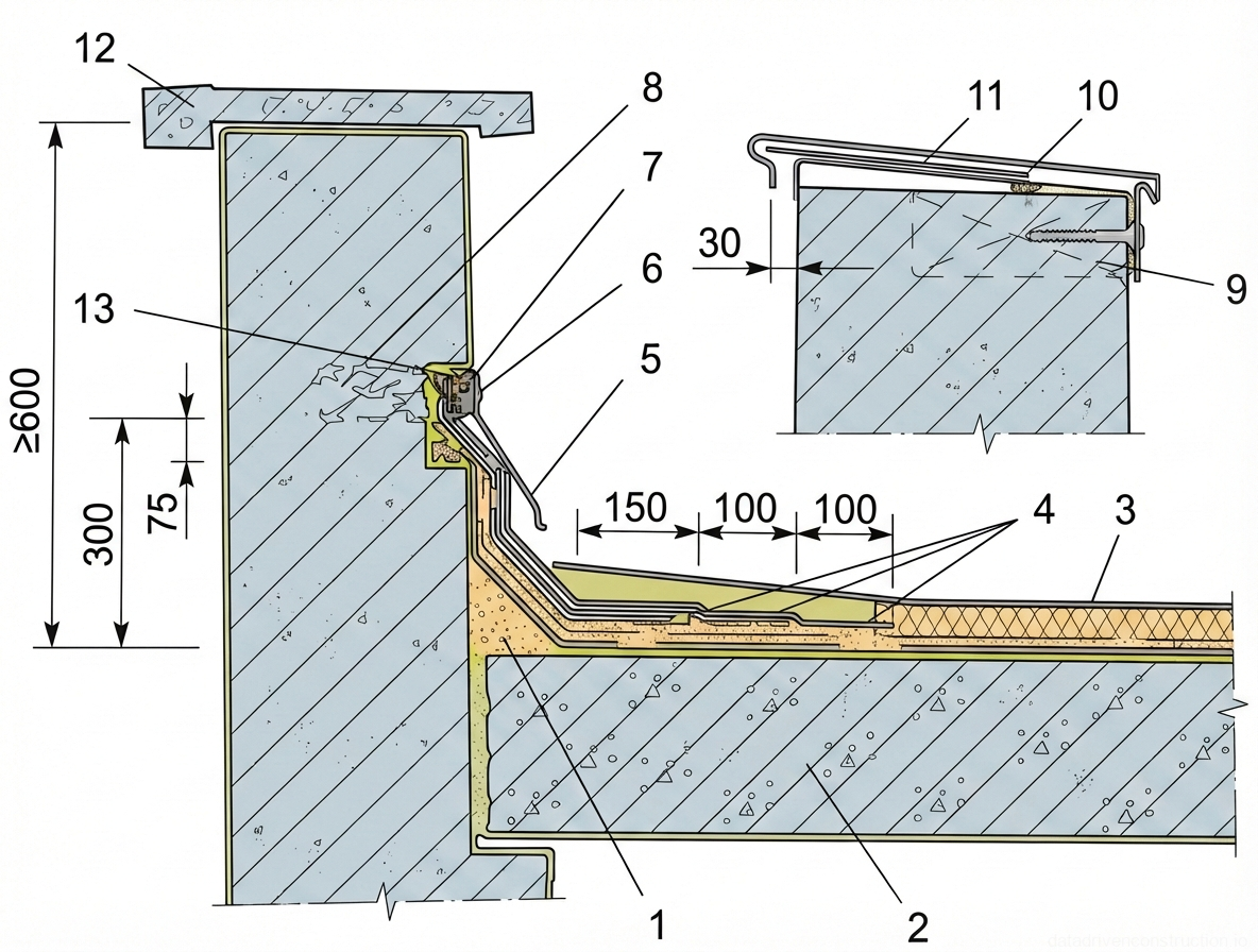 Fig. 1 — Architectural cross-section of a flat roof-to-parapet wall junction detailing waterproofing layers, flashing, and coping.