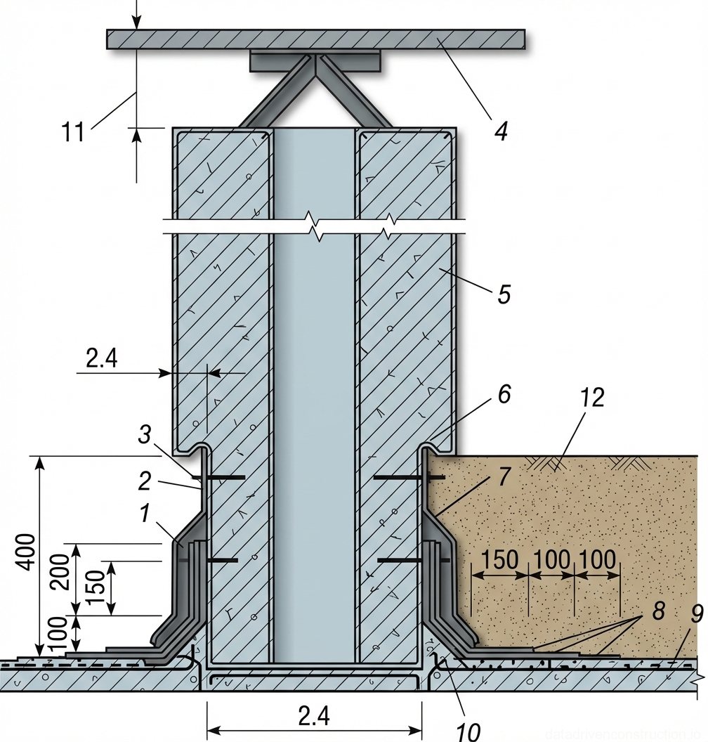 Fig. 1 — Detail of a flat roof penetration showing concrete structure, waterproofing layers, and metal flashing elements.