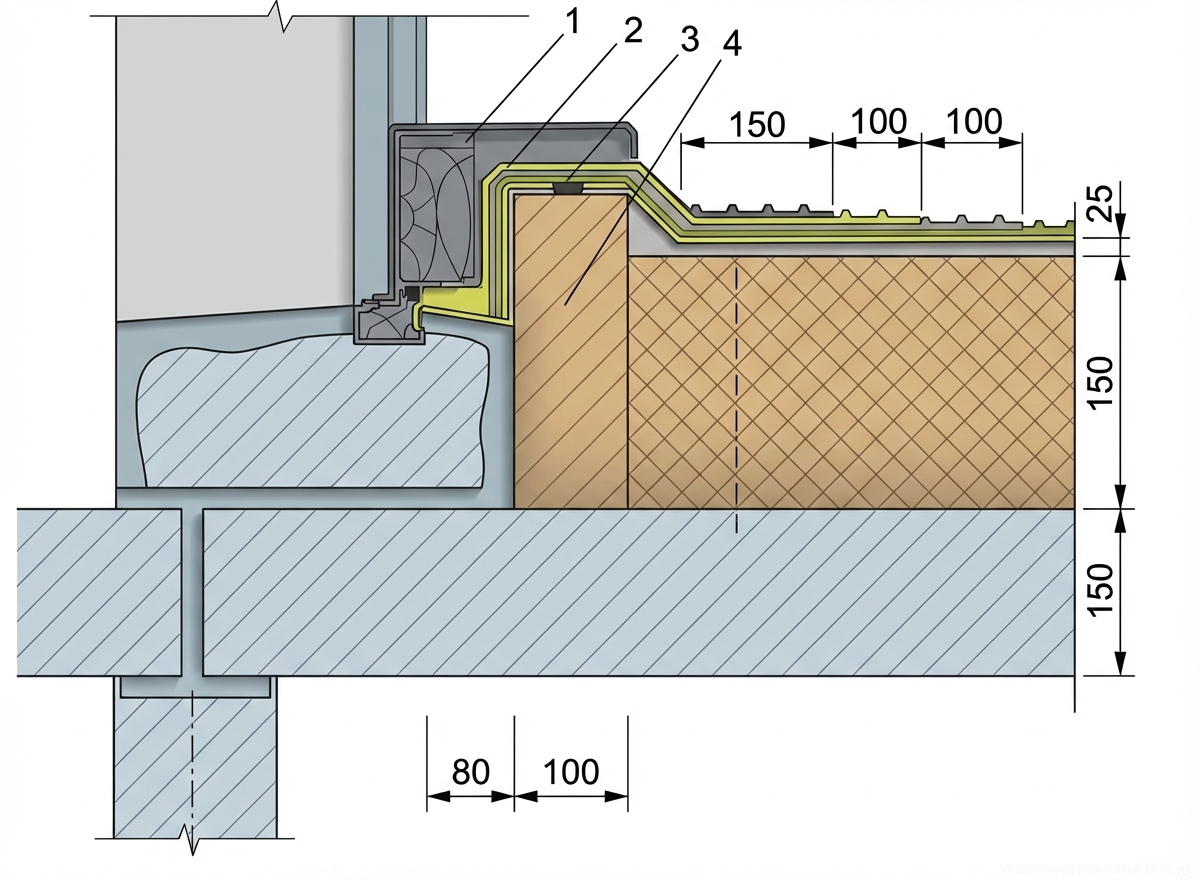 Fig. 1 — Cross-section detail of a flat roof to parapet wall junction, illustrating insulation layers, waterproofing membrane transition, and dimensional layout for proper drainage and sealing.