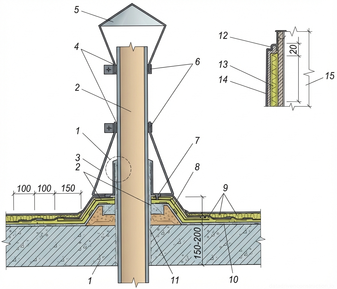 Fig. 1 — Cross-section detail of a vertical pipe roof penetration showing waterproofing, insulation, and flashing systems