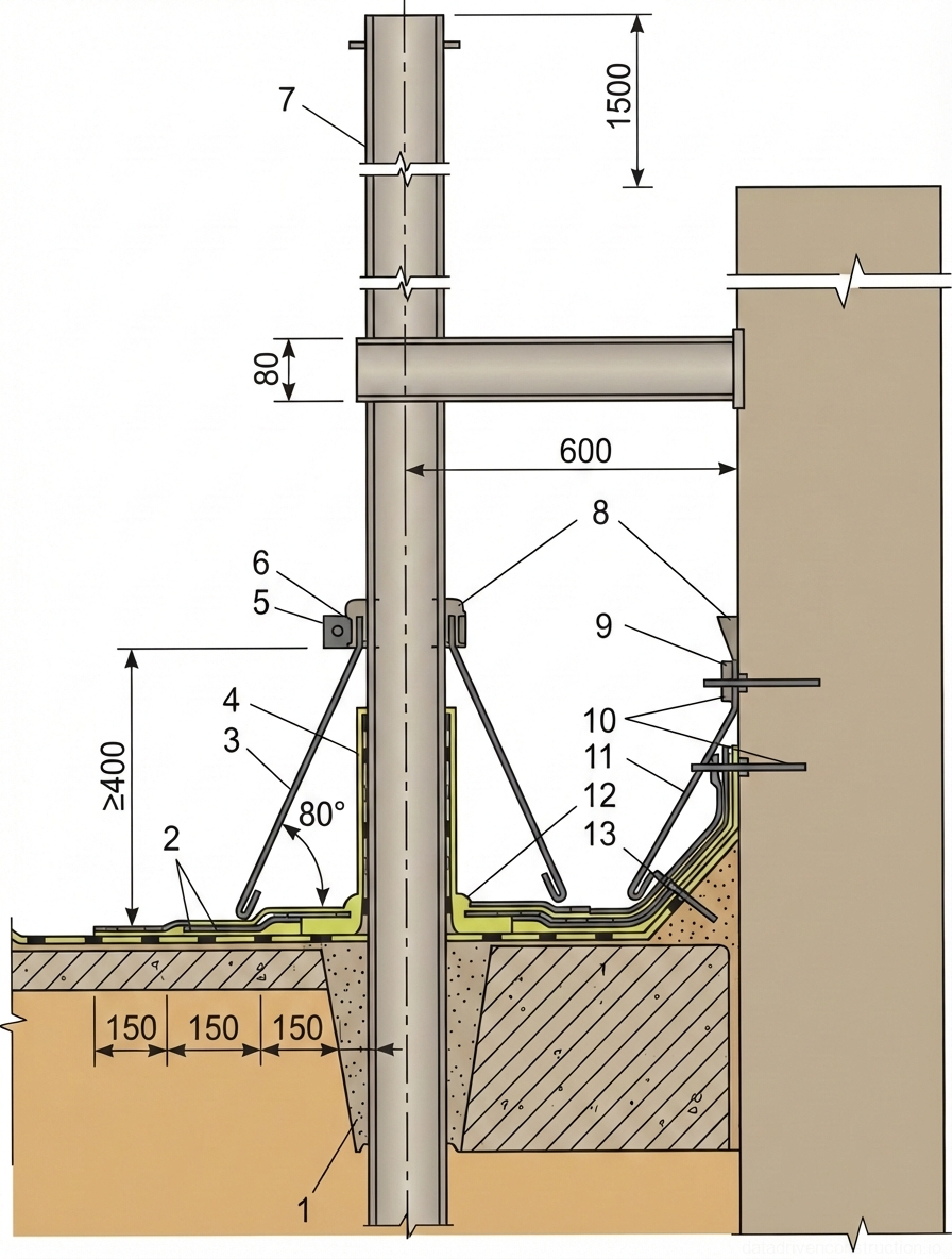 Fig. 1 — Roof penetration detailing for a structural pipe adjacent to a parapet wall, showing waterproofing layers, flashings, and sealant applications.