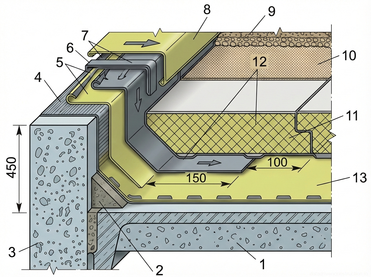 Fig. 1 — Flat roof parapet detail showing waterproofing, thermal insulation, and flashing systems
